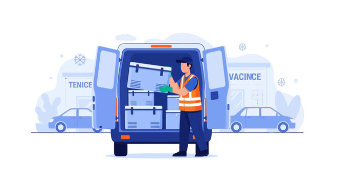 Delivery man loading boxes into a van for logistics and shipping services