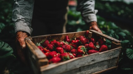 Harvesting fresh strawberries farm field agriculture sunny environment close-up seasonal fruit picking