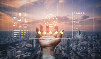 Customer feedback and satisfaction rating system showing star review, happy face, performance...