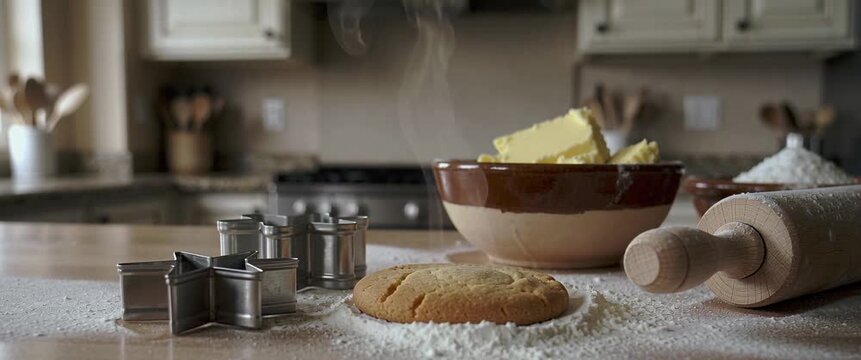 Home Baking And Comfort Food Concept Cookie Dough Butter Flour Rolling Pin And Cookie Cutters On Kitchen.