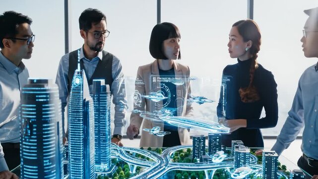 Diverse Team Collaborating On Futuristic City Model With Holographic D