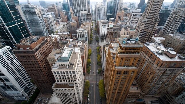 Aerial view looking down a busy city street lined with trees and surrounded by dense towering skyscrapers showcasing urban architecture from above