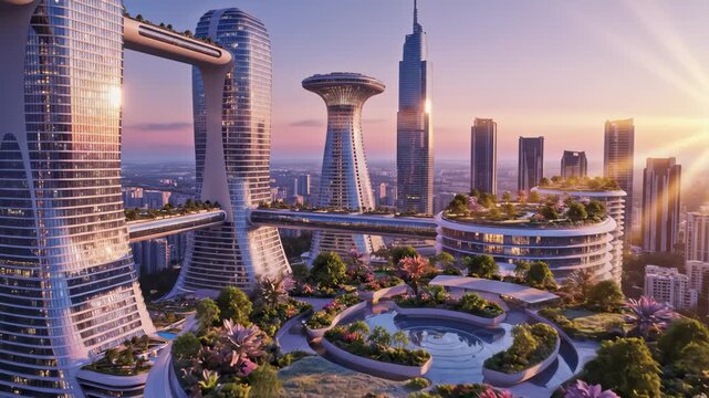 Futuristic Cityscape With Green Rooftops And Skybridges At Sunset