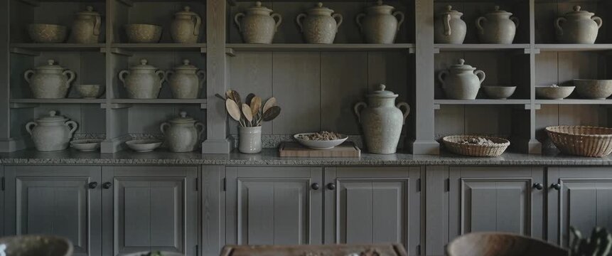 Sustainable Living And Farm-To-Table Concept Zooming Shot Of Rustic Kitchen Interior With Wooden Table Shelves.