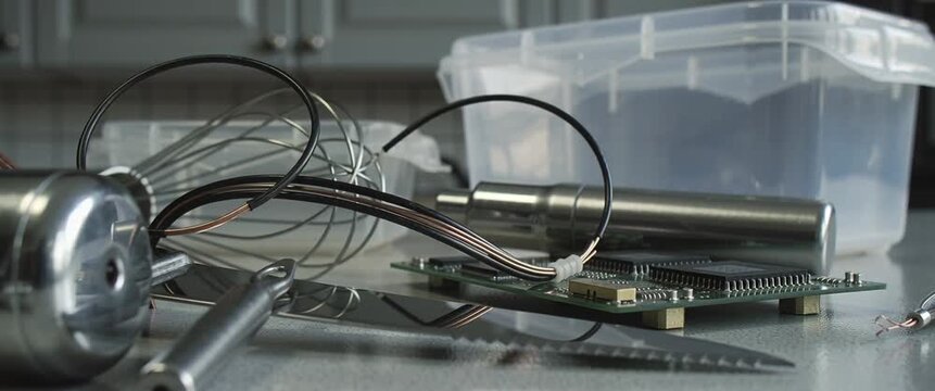 Precision Engineering And Technical Expertise Concept Close-Up Of Metal Components Circuit Board And Tools.