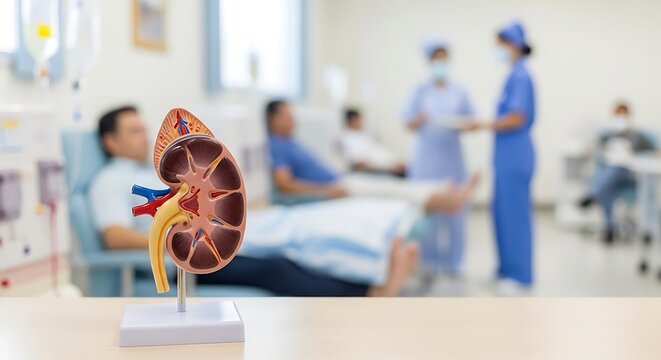 Kidney model on hospital table with medical staff in background