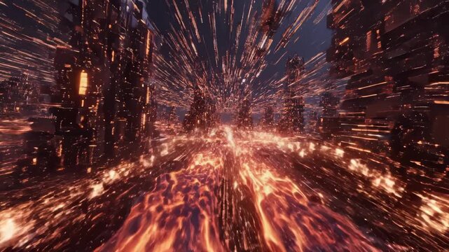 Flying Through A Fiery Futuristic Cityscape Metaverse