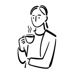 Dibujo sencillo con líneas de una mujer con ropa informal de pie sujetando una taza de café humeante con la mano © teracreonte