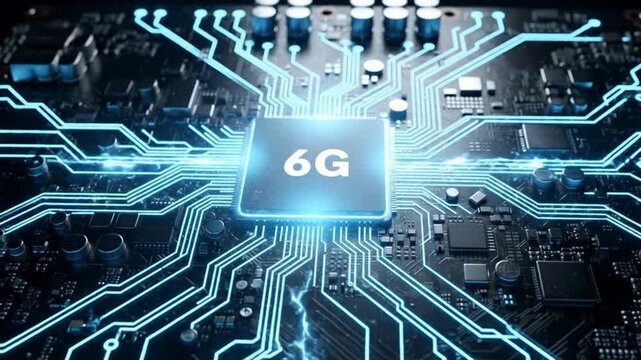 6G wireless network processor animation video, futuristic mobile communication technology background, high speed digital connectivity system concept
