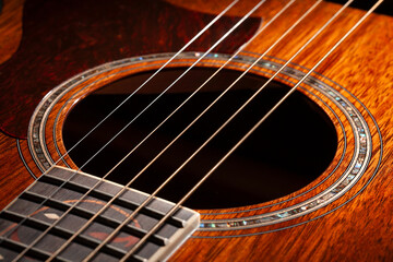 acoustic guitar sound hole on black background