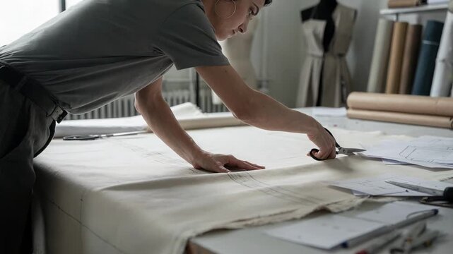 Side view of operator manually trimming fabric for prototyping showcasing attention to detail in early garment design stages with natural lighting.