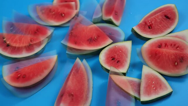 Animated Watermelon Slices Scattering on Blue Background