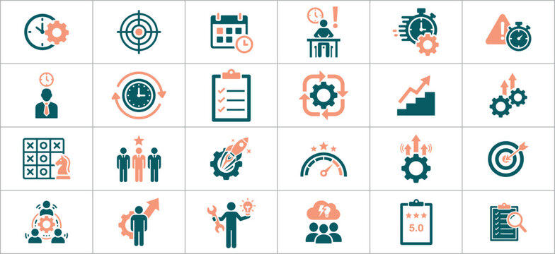 Business productivity icons set with time management and goal achievement symbols