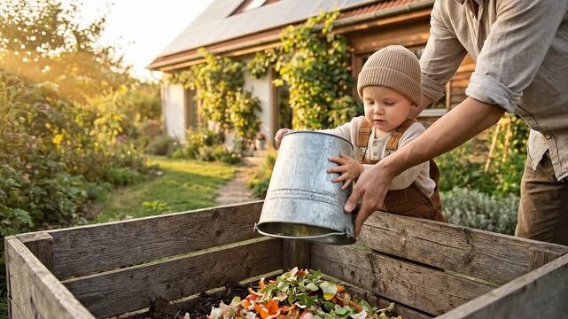 Parent and toddler adding kitchen scraps to outdoor compost bin in garden