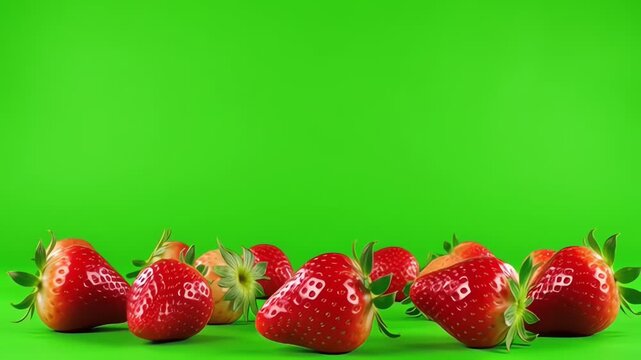 Fresh Red Strawberries Falling on Green Screen Background