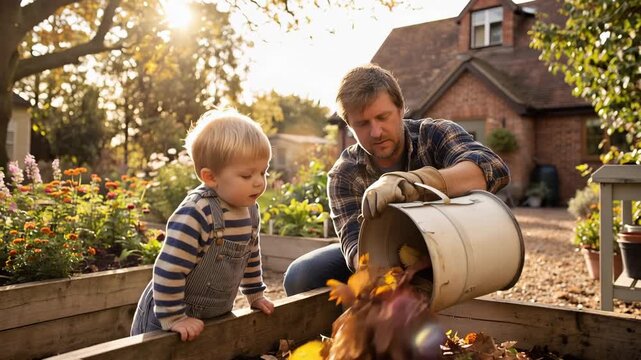 Child watching parent layer compost bin with leaves and scraps outdoors