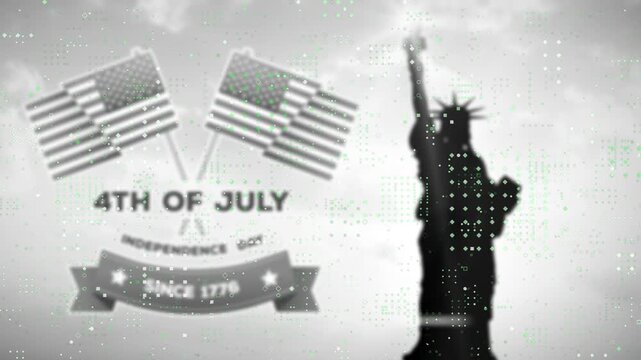 Animation of dots moving over 4th of july text, american flags and statue of liberty