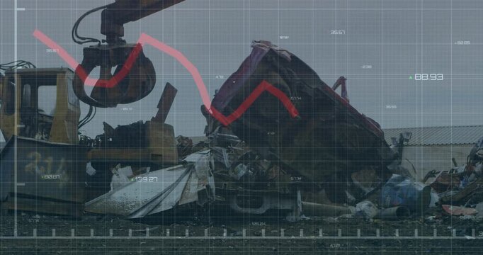 Animation of statistical data processing over grid network against crane operating at junkyard