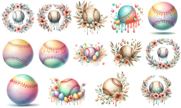 Pastel Easter Baseball Balls Floral Wreaths Eggs Cute Clipart Collection