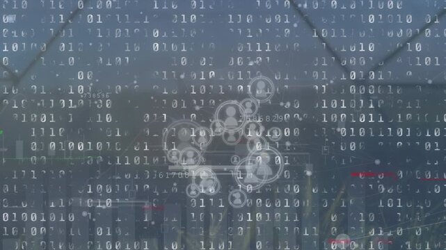 Animation of user icons, binary code, glitch and electricity poles