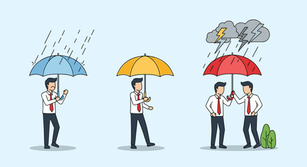 Fototapeta premium Three illustrations compare different people using umbrellas to protect themselves from rain, wind, and lightning storms.
