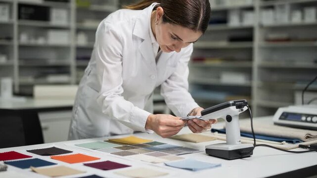 Medium shot capturing a textile expert examining fabric swatches under controlled lighting comparing dyed samples with a spectrophotometer for consistent color accuracy.