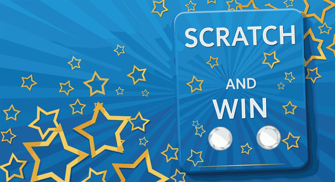 Bright blue lottery scratch card features the text scratch and win surrounded by glowing golden stars on a sunburst background.
