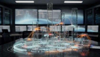 Medium view of enterprise link performance monitor showing realtime AI insights and alert notifications telecom control room atmosphere softly blurred.