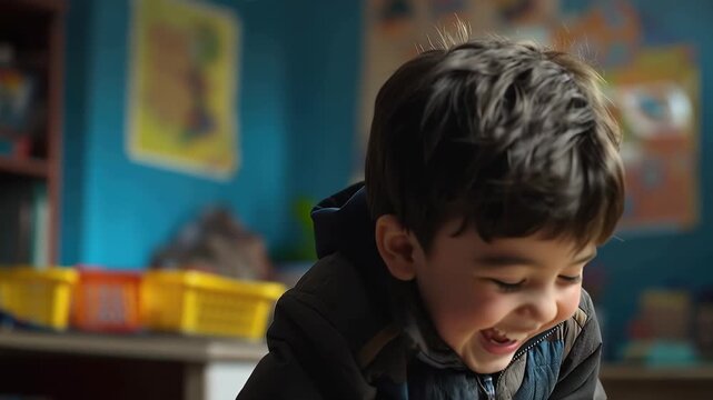 Happy boy engaged in interactive therapy activities at school surrounded by colorful toys and a supportive learning environment