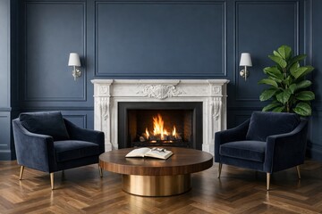 Fototapeta premium Elegant livingroom interior with fireplace and velvet armchairs.. 