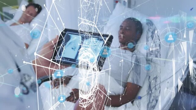 Animation of network of connections and globe over businesswoman connections