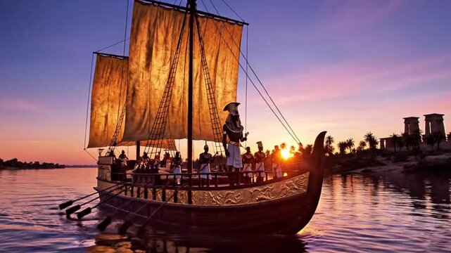 Egyptian pharaoh's barge gliding down the Nile at twilight, golden sails billowing gently.