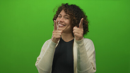 Middle-aged hispanic woman points index fingers directly at camera in studio green screen;...