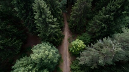 Fototapeta premium Aerial view of a winding dirt path through a dense evergreen forest
