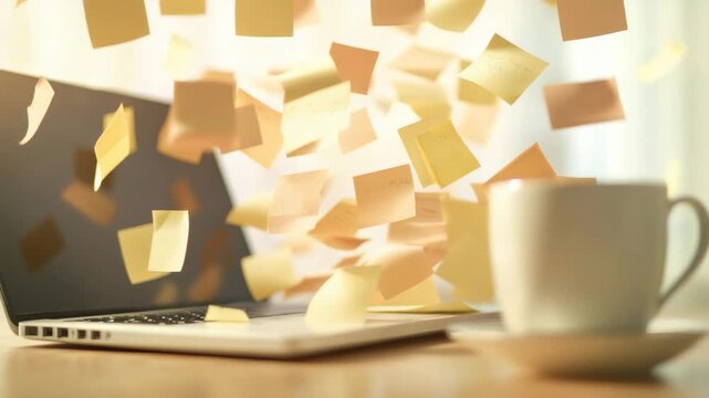Sticky notes floating around a laptop and a coffee cup on a desk create a lively atmosphere, reflecting a busy and creative work environment filled with ideas and organization