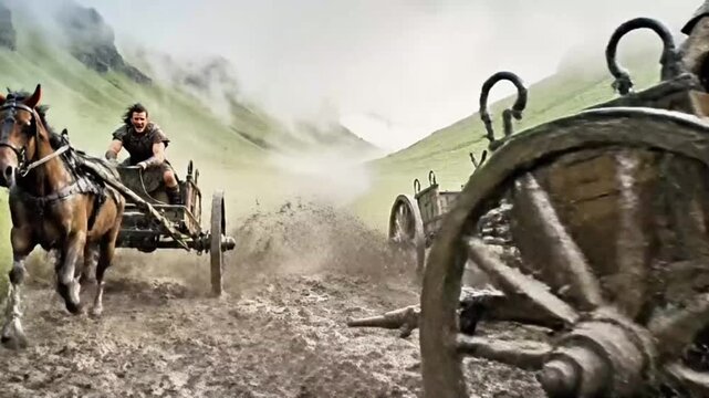 Celtic chariots racing through misty valleys, wheels churning mud.