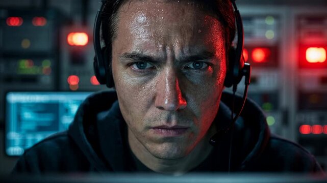 A man wearing headphones and a hoodie is staring at a computer screen. Scene is intense and focused