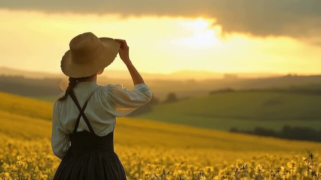Woman farmer stands in a rapeseed field at sunset, appreciating the vibrant landscape and golden light in the distance during the evening hours