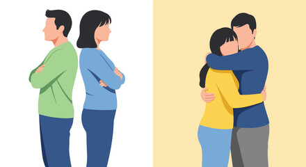 Fototapeta premium Two panel illustration showing a couple in conflict standing back to back and then reconciled in a warm hug symbolizing resolving their issues.