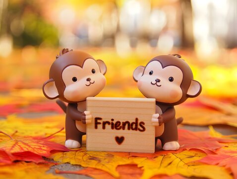 Two adorable monkey figurines displaying a friends sign on autumn leaves