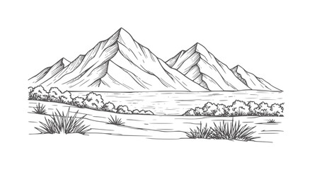 Hand drawn mountain range landscape with lake and grassy foreground mountains water © Tofaas