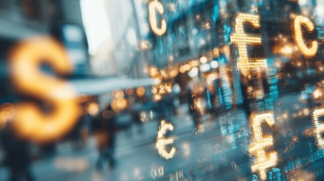 Currency exchange rates fluctuate in busy urban center financial data visualization daylight dynamic city life