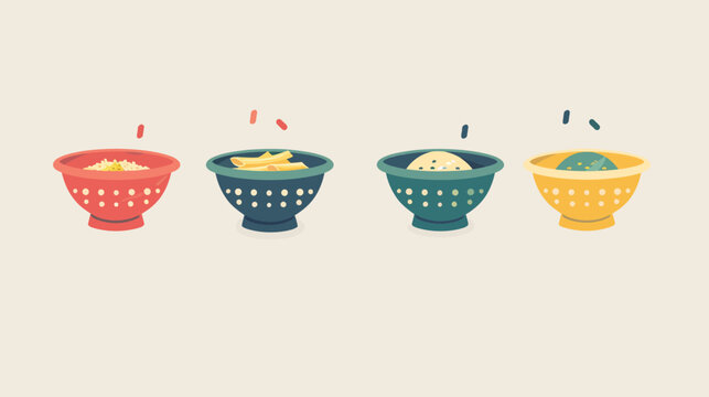 Four colorful colanders filled with foods, each with falling pieces, on a neutral background