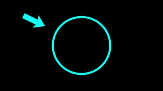 Animated highlight arrow pointing to syan circle on transparent background. Animation 4k video