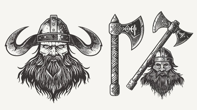 A grayscale illustration of a Viking, helmeted, and wielding battle axes, with stern expressions