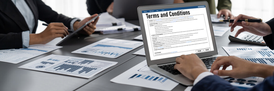Digital legal contract provide terms and conditions document on computer screen ready for online digital signature for deal agreement of future business brisk