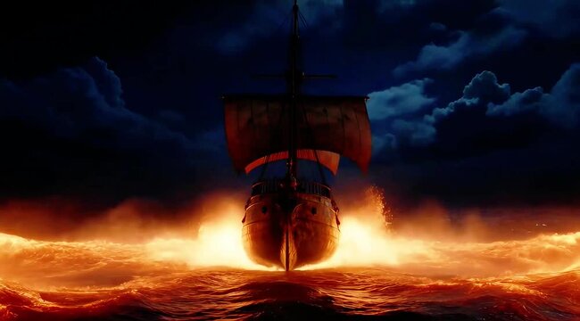 Epic Battle at Dawn Ancient Ship Engulfed in Fire on Stormy Seas