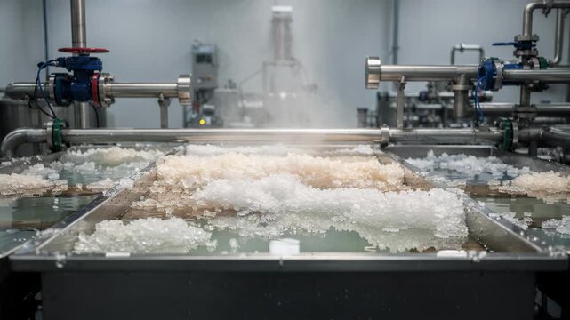 Medium shot of a crystal bed in a recycled salt feed system showing salt crystals forming as water evaporates highlighting sustainable salt recovery from industrial process