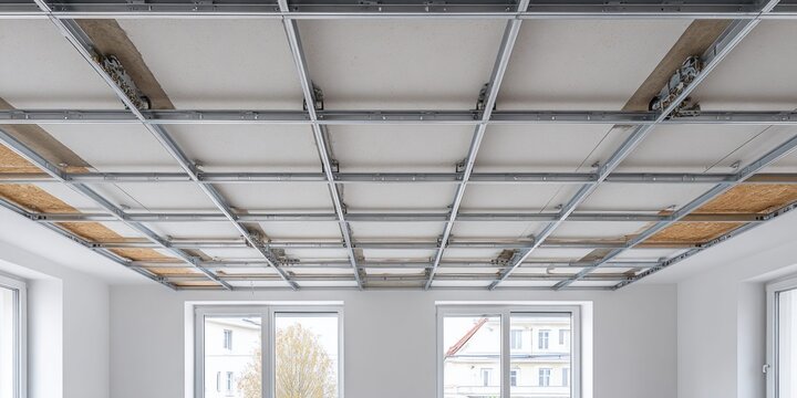 Suspended ceiling grid system under construction with drywall panels and insulation visible