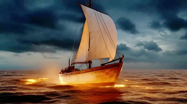Epic Viking Longship Gliding Through Stormy Ocean at Sunset